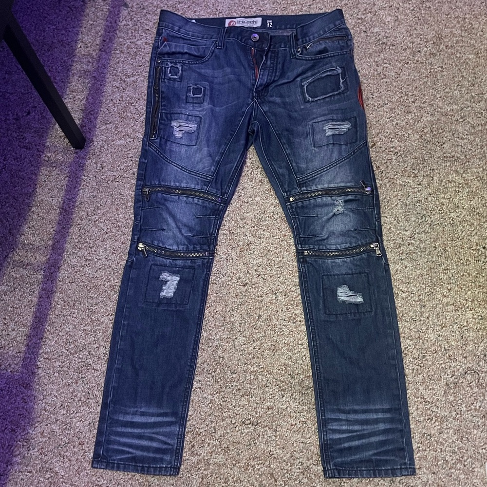 Men's Skinny Distressed Dark Blue Moto Jeans